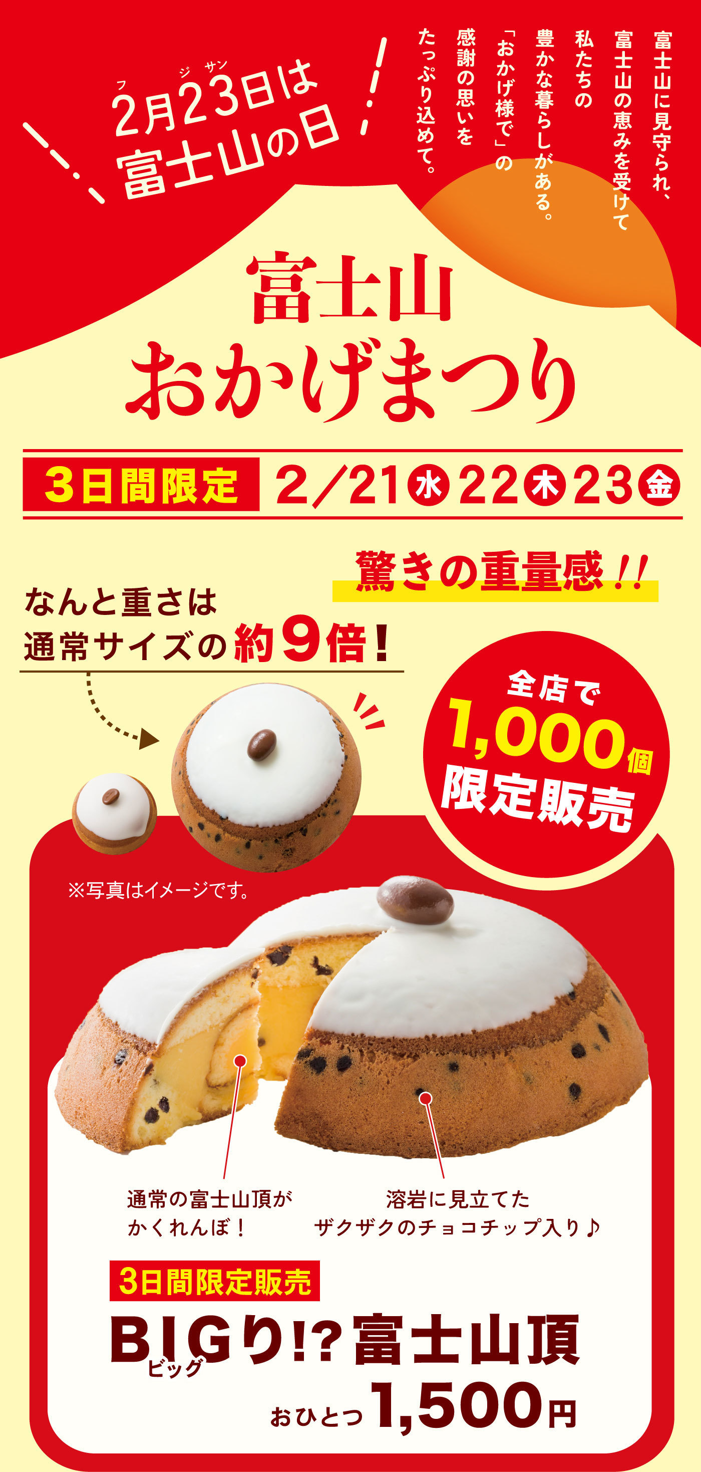 ＼2フ月23ジサン日は富士山の日／富士山おかげまつり3日間限定2/21水22木23金富士山に見守られ、富士山の恵みを受けて私たちの豊かな暮らしがある。「おかげ様で」の感謝の思いをたっぷり込めて。なんと重さは通常サイズの約9倍！※写真はイメージです。全店で1,000個限定販売3日間限定販売BIGビッグり!?富士山頂おひとつ1,500円