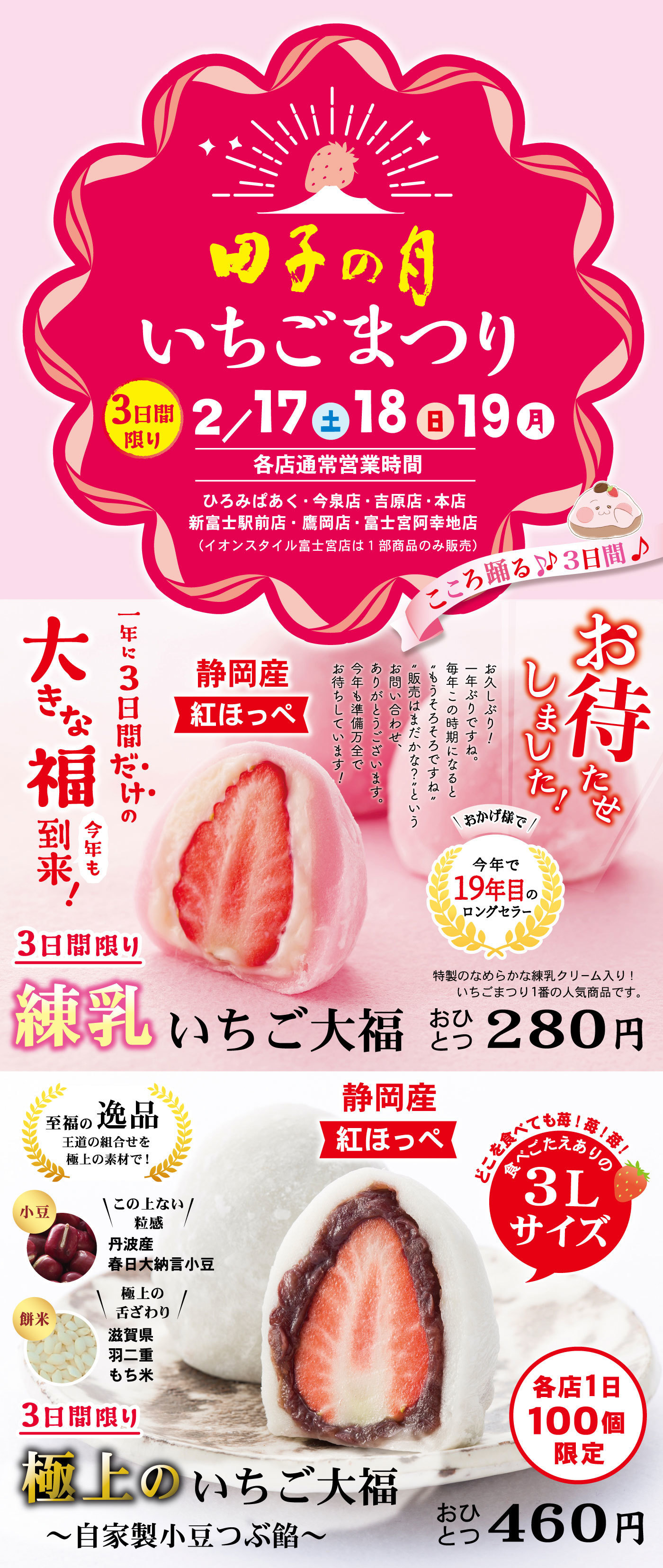 田子の月いちごまつり3日間限り2/17土18日19月各店通常営業時間ひろみぱあく・今泉店・吉原店本店・新富士駅前店・富士宮阿幸地店(イオンスタイル富士宮店は1部商品のみ販売)こころ踊る♪♪3日間♪お待たせしました！＼おかげ様で／今年で19年目のロングセラー3日間限り練乳いちご大福おひとつ280円お久しぶり！一年ぶりですね。毎年この時期になると“もうそろそろですね”“販売はまだかな？”というお問い合わせ、ありがとうございます。今年も準備万全でお待ちしています！特製のなめらかな練乳クリーム入り！いちごまつり1番の人気商品です。静岡産紅ほっぺ一年に3日間だけ・・の大きな福今年も到来！どこを食べても苺！苺！苺！食べごたえありの3Lサイズ3日間限り極上のいちご大福～自家製小豆つぶ餡～おひとつ460円各店1日100個限定静岡産紅ほっぺ至福の逸品王道の組合せを極上の素材で！小豆＼この上ない粒感／丹波産春日大納言小豆餅米＼極上の舌ざわり／滋賀県羽二重もち米