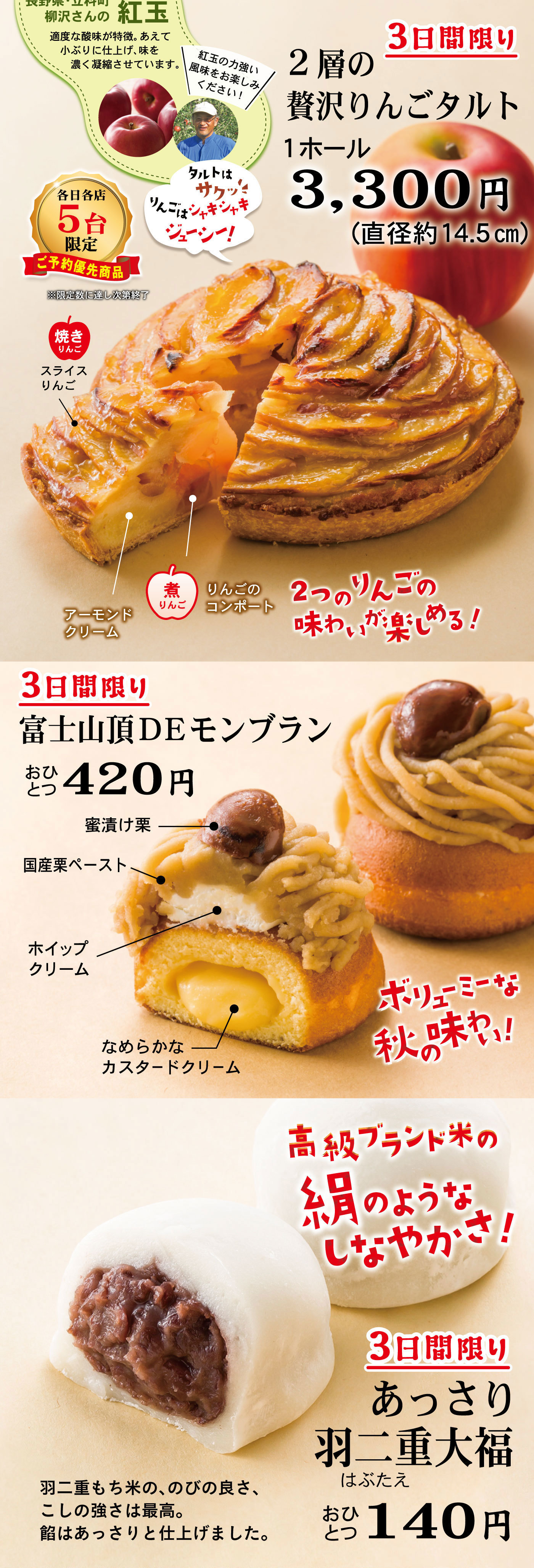 柳沢さんの紅玉適度な酸味が特徴。あえて小ぶりに仕上げ、味を濃く濃縮させています。＼紅玉の力強い風味をお楽しみください！／3日間限り2層の贅沢りんごタルト1ホール3,300円(直径約14.5cm)各日5台限定ご予約優先商品※限定数に達し次第終了タルトはサクッりんごはシャキシャキジューシー！2つのりんごの味わいが楽しめる！焼きりんごスライスりんご煮りんごりんごのコンポートアーモンドクリーム3日間限り富士山頂DEモンブランおひとつ420円ボリューミーな秋の味わい！蜜漬け栗国産栗ペーストホイップクリームなめらかなカスタードクリーム3日間限りあっさり羽二重はぶたえ大福おひとつ140円羽二重もち米の、のびの良さ、こしの強さは最高。餡はあっさりと仕上げました。高級ブランド米の絹のようなしなやかさ！
