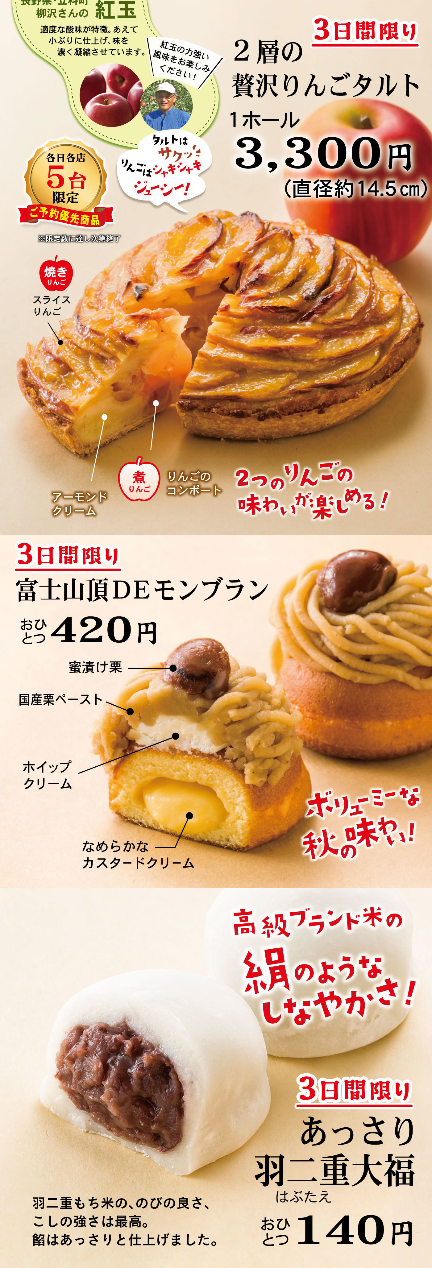 柳沢さんの紅玉適度な酸味が特徴。あえて小ぶりに仕上げ、味を濃く濃縮させています。＼紅玉の力強い風味をお楽しみください！／3日間限り2層の贅沢りんごタルト1ホール3,300円(直径約14.5cm)各日5台限定ご予約優先商品※限定数に達し次第終了タルトはサクッりんごはシャキシャキジューシー！2つのりんごの味わいが楽しめる！焼きりんごスライスりんご煮りんごりんごのコンポートアーモンドクリーム3日間限り富士山頂DEモンブランおひとつ420円ボリューミーな秋の味わい！蜜漬け栗国産栗ペーストホイップクリームなめらかなカスタードクリーム3日間限りあっさり羽二重はぶたえ大福おひとつ140円羽二重もち米の、のびの良さ、こしの強さは最高。餡はあっさりと仕上げました。高級ブランド米の絹のようなしなやかさ！