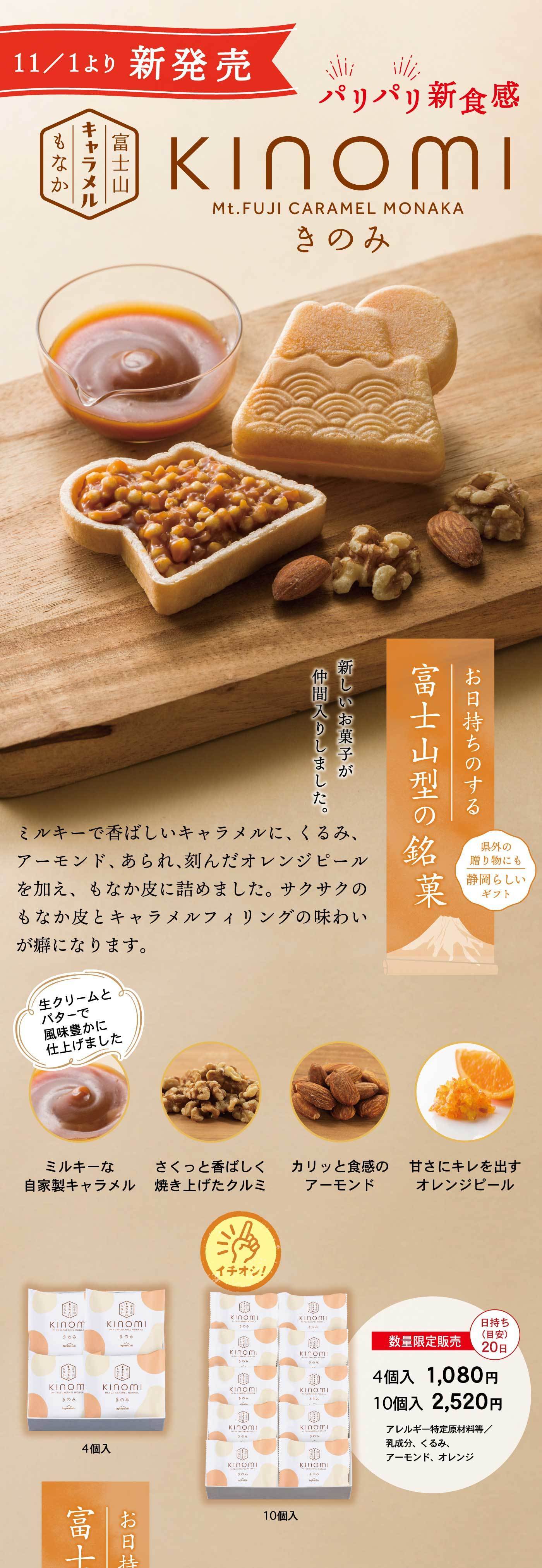 11/1より新発売パリパリ食感富士山キャラメルもなかkinomiMt.FUJI CARAMEL MONAKAきのみお日持ちのする富士山型の銘菓県外の贈り物にも静岡らしいギフト新しいお菓子が仲間入りしました。ミルキーで香ばしいキャラメルに、くるみ、アーモンド、あられ、刻んだオレンジピールを加え、もなか皮に詰めました。サクサクのもなか皮とキャラメルフィリングの味わいが癖になります。生クリームとバターで風味豊かに仕上げましたミルキーな自家製キャラメルサクッと香ばしく焼き上げたクルミカリッと食感のアーモンド甘さにキレを出すオレンジピールイチオシ！数量限定販売日持ち(目安)20日4個入1,080円10個入2,520円アレルギー特定原材料等/乳成分、くるみ、アーモンド、オレンジ4個入10個入お日持富士