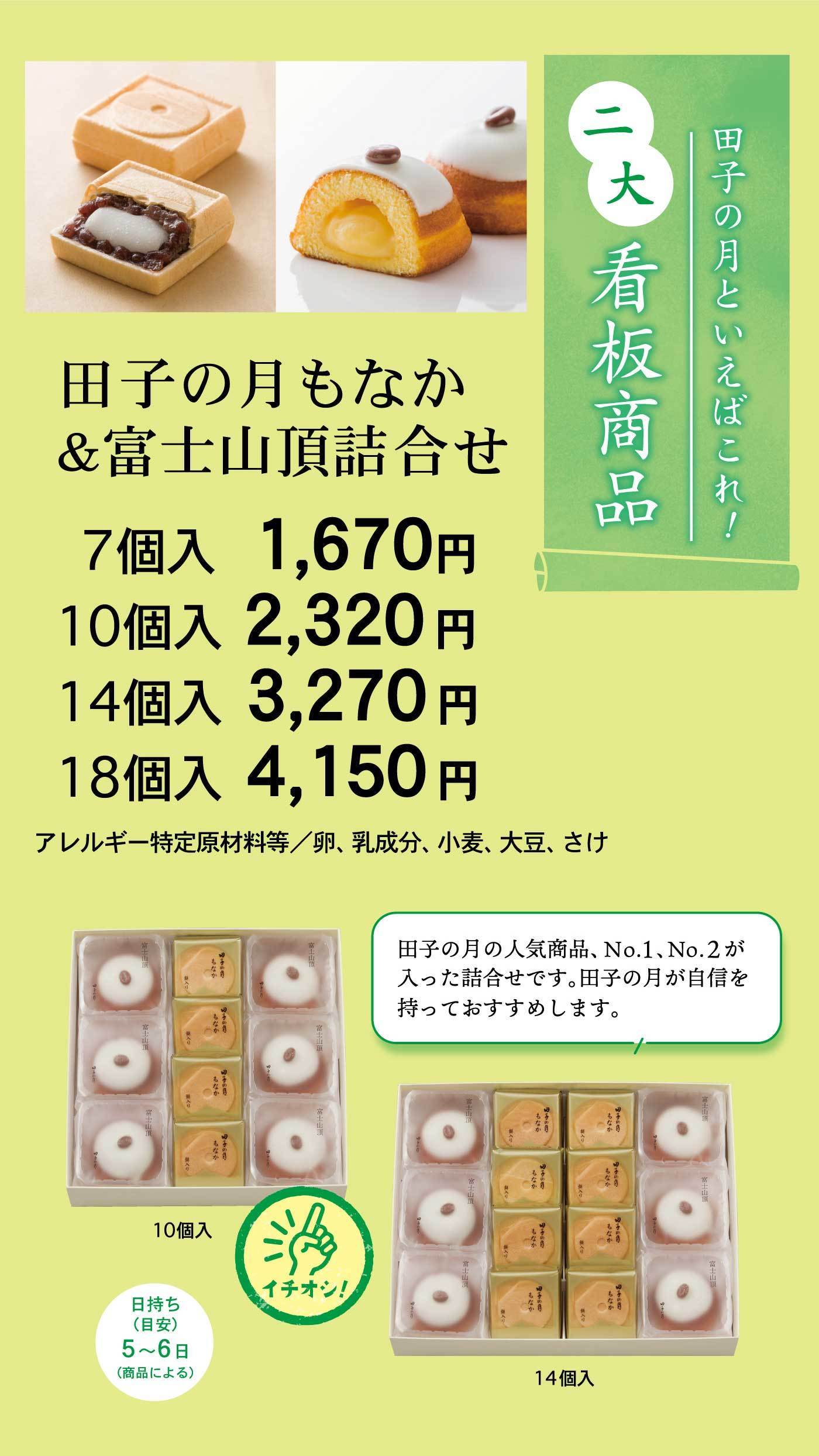 田子の月といえばこれ！二大看板商品田子の月もなか&富士山頂詰合せ7個入1,670円10個入2,320円14個入3,270円18個入4,150円アレルギー特定原材料等/卵、乳成分、小麦、大豆、さけ田子の月の人気商品、No.1、No.2が入った詰合せです。田子の月が自信を持っておすすめします。イチオシ！10個入14個入日持ち(目安)/5～6日