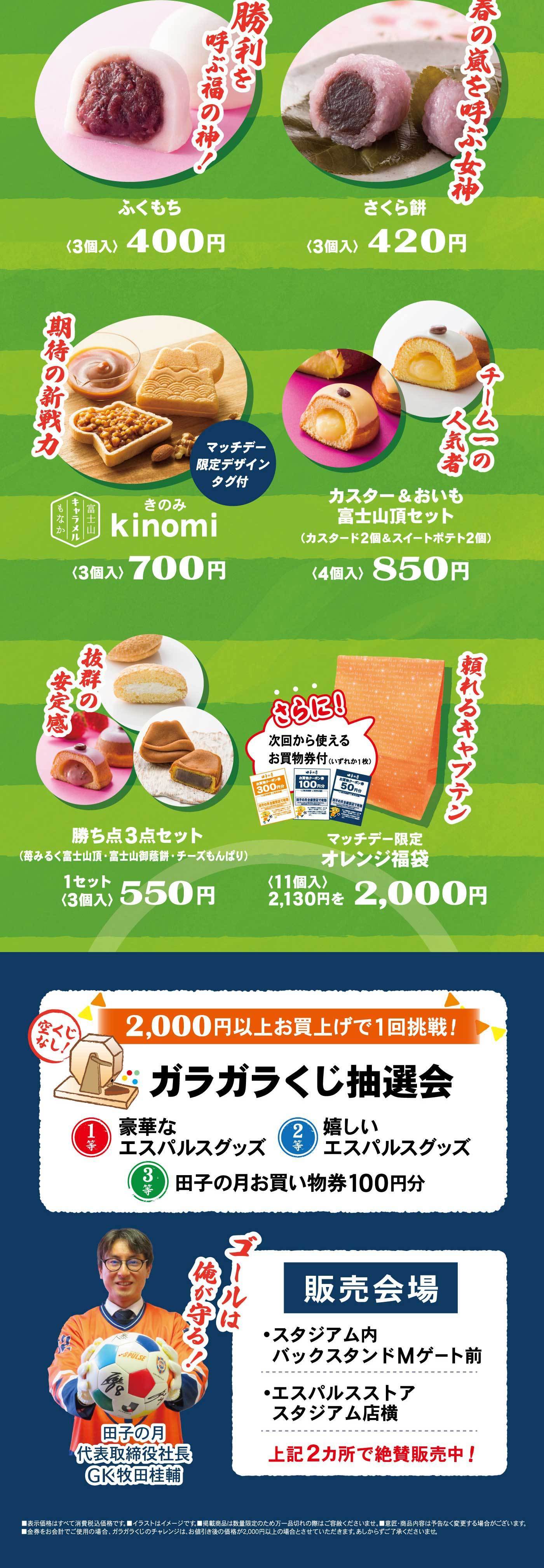勝利を呼ぶ福の神！ふくもち〈3個入〉400円さくら餅〈3個入〉420円期待の新戦力マッチデー限定デザインタグ付き富士山キャラメルもなかkinomi〈3個入〉700円カスター＆おいも富士山頂セット〈カスタード2個＆スイートポテト2個〉〈4個入〉850円頼れるキャプテンマッチデー限定オレンジ福袋さらに次回から使えるお買い物券付き（いずれか1枚）〈11個入〉2,130円を2,000円抜群の安定感勝ち点3点セット〈苺みるく富士山頂・富士山御蔭餅・チーズもんぱり〉1セット〈3個入〉550円2,000円以上お買い上げで1階挑戦！空くじなし！ガラガラくじ抽選会1等豪華なエスパルスグッズ2等嬉しいエスパルスグッズ3頭田子の月お買い物券100円分ゴールは俺が守る！田子の月代表取締役GK牧田桂輔販売会場・スタジアム内バックスタンドMゲート前・エスパルスストアスタジアム店横上記2か所で絶賛販売中！■表示価格はすべて消費税込価格です。■イラストはイメージです。■掲載商品は数量限定のため万一品切れの際はご容赦くださいませ。■意匠・商品内容は予告なく変更する場合がございます。■金券をお会計でご使用の場合、ガラガラくじのチャレンジは、お値引き後の価格が2,000円以上の場合とさせていただきます。あらかじめご了承くださいませ。
