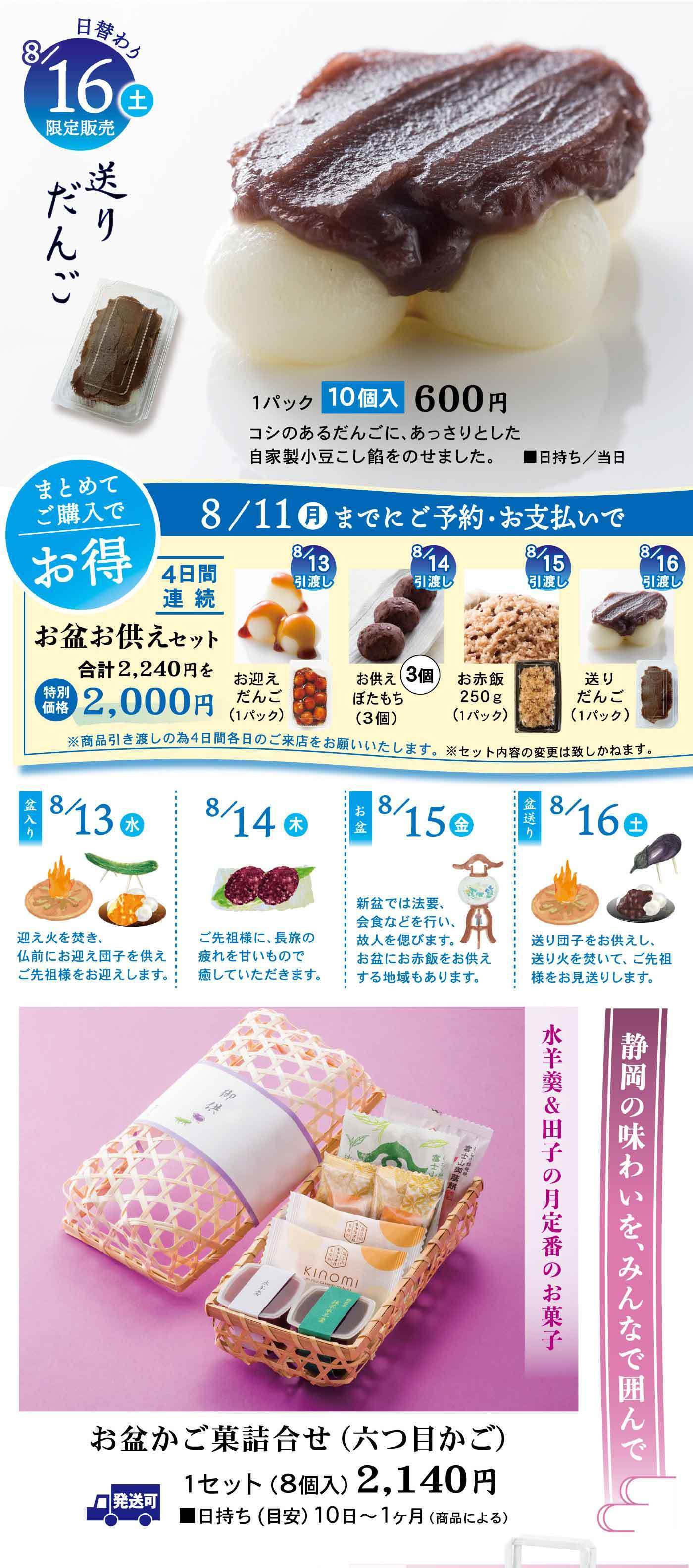 8月16日（土）限定販売 送りだんご 1パック10個入 600円 コシのあるだんごに、あっさりとした自家製小豆こし餡をのせました。■日持ち／当日 まとめてご購入でお得 8月11日（月）までにご予約・お支払いで 4日間連続 お盆お供えセット 合計2,240円を特別価格2,000円 お迎えだんご（1パック） 8月13日引渡し お供えぼたもち（3個）8月14日引渡し お赤飯250g（1パック）8月15日引渡し 送りだんご（1パック）8月16日引渡し ※商品引き渡しの為4日間各日ご来店をお願いいたします。※セット内容の変更は致しかねます。 迎え火 8月13日（水）迎え火を焚き、仏前にお団子を供えてご先祖様をお迎えします。 8月14日（木）ご先祖様に、長旅の疲れを癒していただくとされています。 お盆 8月15日（金）新盆では法要、会食などを行い、ご先祖様をおもてなしします。 送り火 8月16日（土）送り団子をお供えし、送り火を焚いてご先祖様をお見送りします。 静岡の味わいを、みんなで囲んで 羊羹＆田子の月定番のお菓子 お盆かご菓詰合せ（六つ目かご） 1セット（8個入）2,140円 ■日持ち（目安）10日〜1ヶ月（商品による） ■発送可