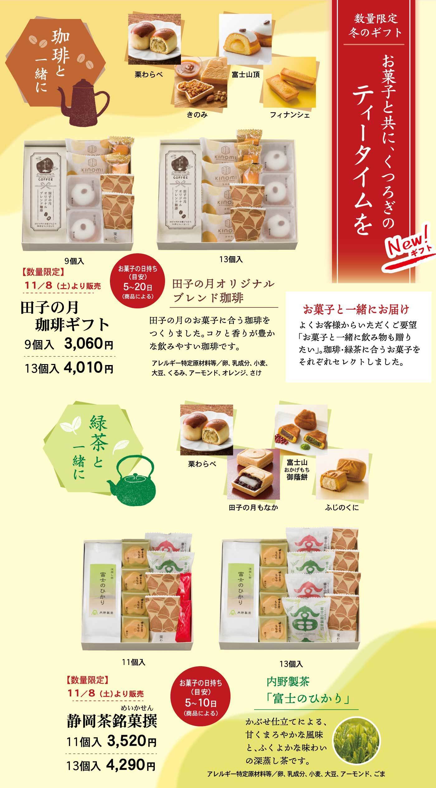 数量限定 冬のギフト お菓子と共に、くつろぎのティータイムを 珈琲と一緒に 栗わらべ／富士山頂／きのみ／フィナンシェ 【数量限定】11/8(土)より販売 田子の月珈琲ギフト 9個入 3,060円 13個入 4,010円 お菓子の日持ち（目安）5〜20日（商品による） 田子の月オリジナルブレンド珈琲 田子の月のお菓子に合う珈琲をつくりました。コクと香りが豊かな飲みやすい珈琲です。 アレルギー特定原材料等／卵、乳成分、小麦、大豆、くるみ、アーモンド、オレンジ、さけ お菓子と一緒にお届け よくお客様からいただくご要望「お菓子と一緒に飲み物も贈りたい」。珈琲・緑茶に合うお菓子をそれぞれセレクトしました。 緑茶と一緒に 栗わらべ／田子の月もなか／富士山おかげもち御蔭餅／ふじのくに 【数量限定】11/8(土)より販売 静岡茶銘菓撰 11個入 3,520円 13個入 4,290円 お菓子の日持ち（目安）5〜10日（商品による） 内野製茶「富士のひかり」 かぶせ仕立てによる、甘くまろやかな風味と、ふくよかな味わいの深蒸し茶です。 アレルギー特定原材料等／卵、乳成分、小麦、大豆、アーモンド、ごま
