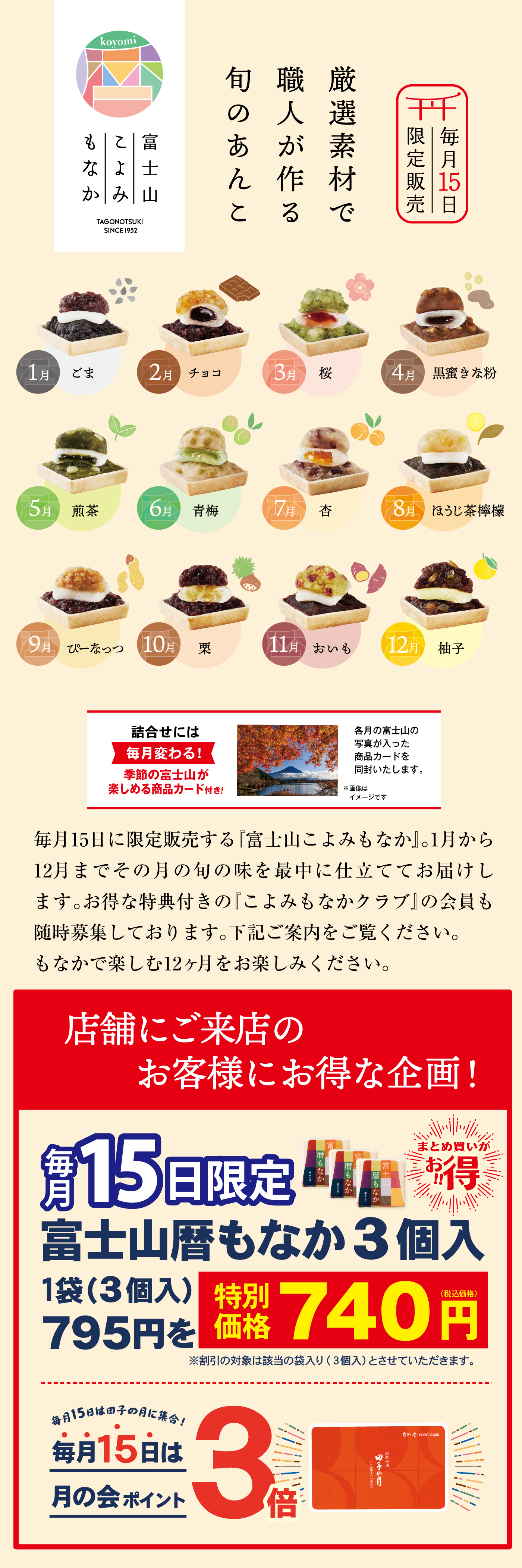 厳選素材で職人が作る旬のあんと 毎月15日限定販売 富士山こよみもなか TAGONOTSUKI SINCE1952 1月 ごま 2月 チョコ 3月 桜 4月 黒蜜きな粉 5月 煎茶 6月 青梅 7月 杏 8月 ほうじ茶棒燻 9月 ぴーなっつ 10月 栗 11月 おいも 12月 柚子 詰合せには毎月変わる！季節の富士山が楽しめる商品カード付き！ 毎月15日に限定販売する「富士山こよみもなか」。1月から12月までその月の旬の味を最中に仕立ててお届けします。お得な特典付きの「こよみもなかクラブ」の会員も随時募集しております。下記ご案内をご覧ください。もなかで楽しむ12か月をお楽しみください。 店舗にご来店のお客様にお得な企画！ 毎月15日限定 富士山暦もなか3個入 1袋（3個入）795円を特別価格740円（税込価格） まとめ買いがお得 ※割引の対象は該当の袋入（3個入）とさせていただきます。 毎月15日は月の会ポイント3倍
